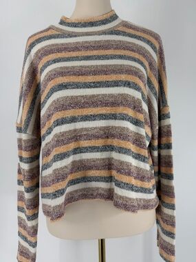 BKE Striped Crewneck Sweater in Cream, Gray, Orange, Tan, Size Small